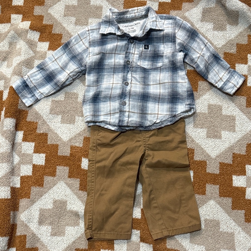 Calvin Klein Jeans Gray Plaid Shirt and Tan Pants